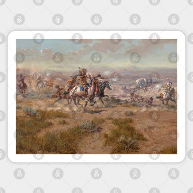 Native American Warriors Attacking The Settlers - Vintage Western American Art Sticker by Click Here For More